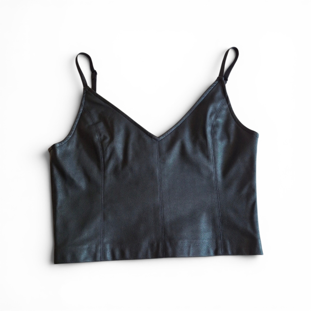 Zara Black Faux Leather V-Neck Cami Crop Western Top